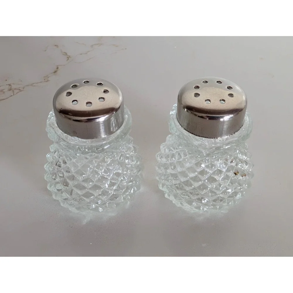 Vintage Miniature Glass Salt and Pepper Shakers Diamond Point Hobnail Set of 4
